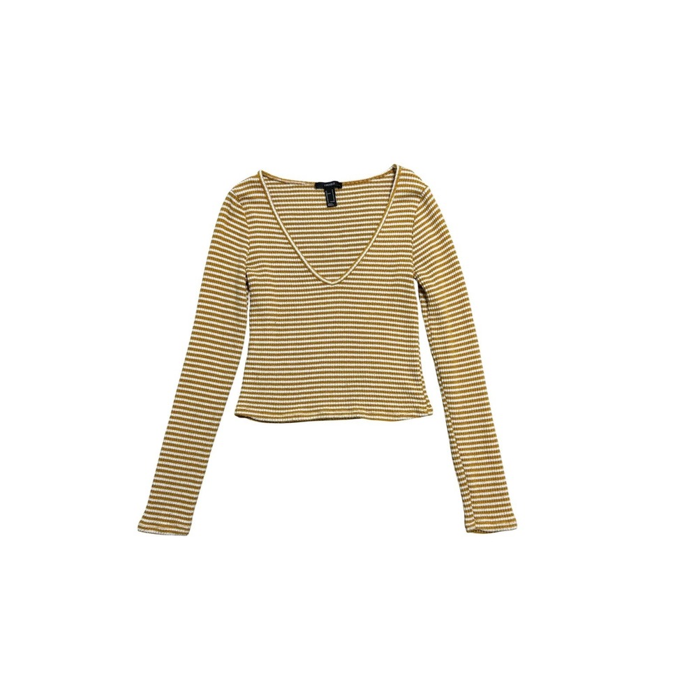 Forever 21 Shirt‎ Womens Medium Yellow White Striped V Neck Long Sleeve Cropped